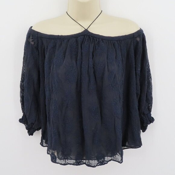 Rebecca Taylor Womens 6 Blue Embroidered Cold Shoulder Flowy Blouse Shirt Top - Picture 10 of 11